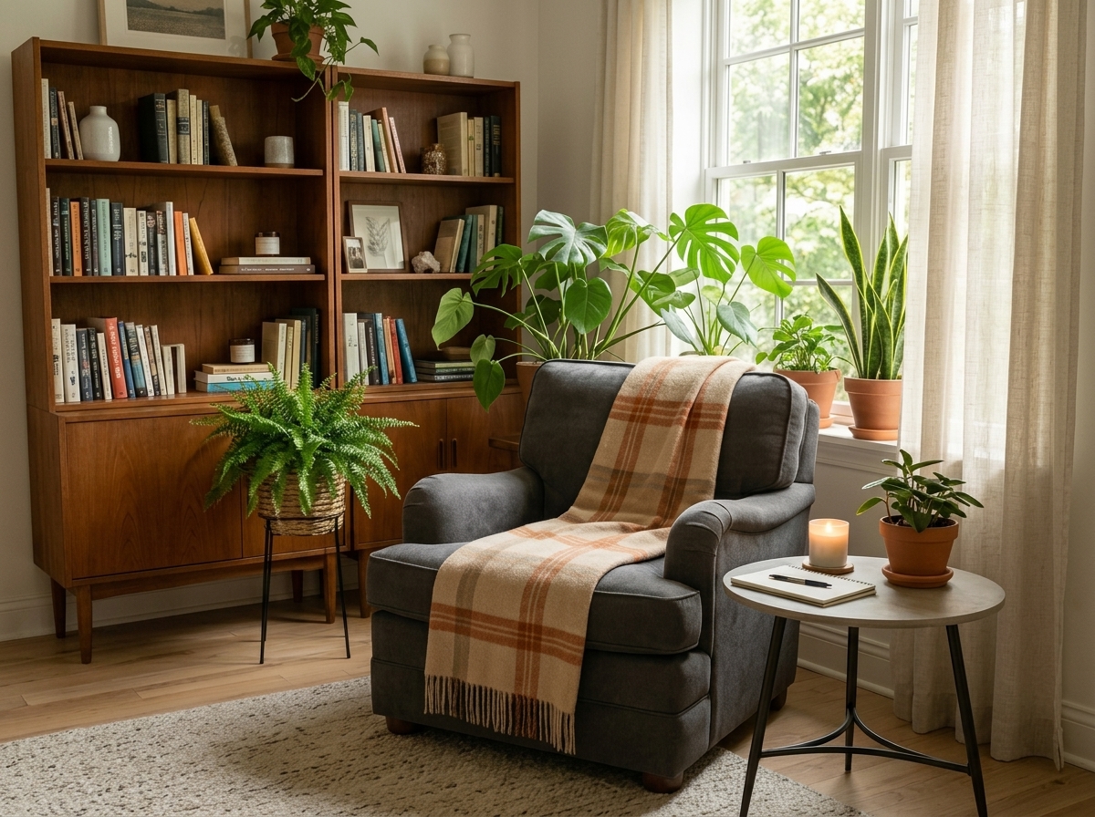 Warm, cozy teletherapy room sanctuary with plants and books